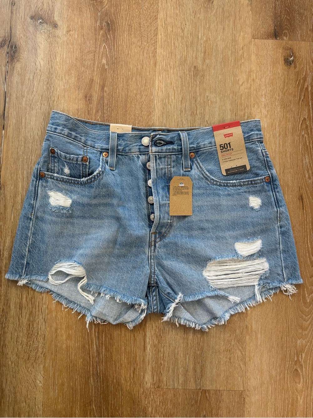 Levi's Light Blue Distressed Button-Front Denim Shorts